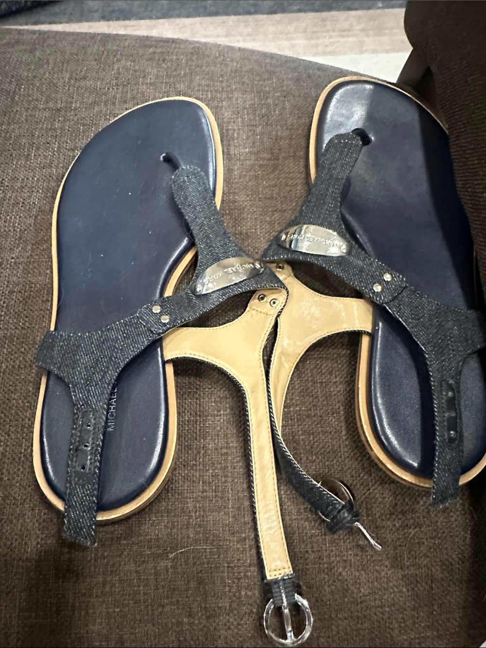 Michael Kors Navy and Tan T-Strap Sandals with Logo Plaque
